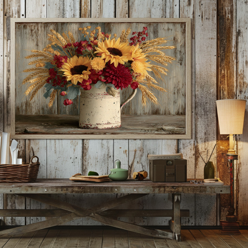 Harvest floral arrangement canvas wall art in soft fall colors, adding natural warmth and simple charm to dorm room decor.