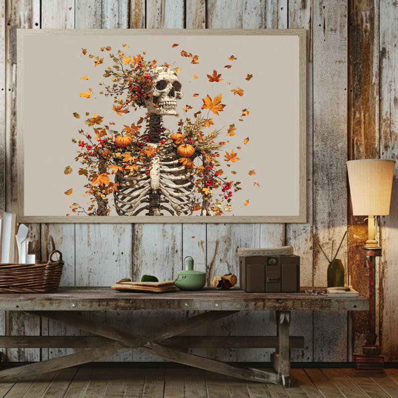 Thanksgiving skeleton canvas wall art titled Harvested Soul, moody fall accent for college dorm decor and study spaces