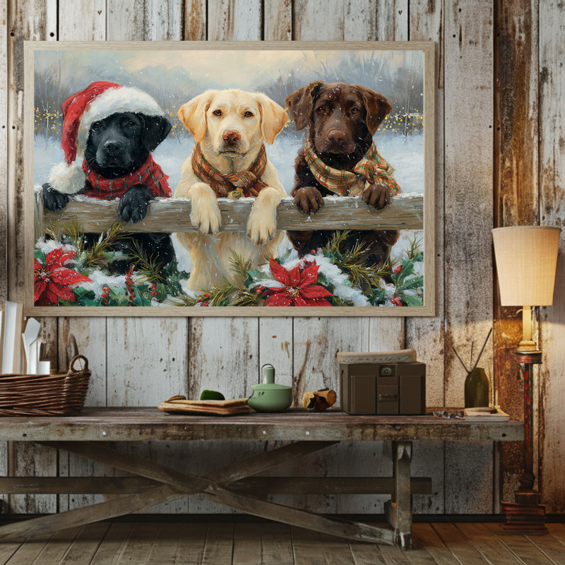 Christmas Labrador canvas wall art, charming festive pup print that complements minimalist dorm room holiday style