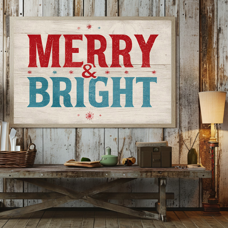 Merry & Bright Christmas canvas wall art, modern rustic dorm decor, a festive holiday gift for college students