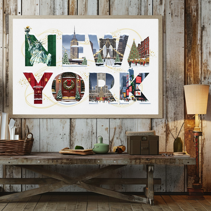 New York festive Christmas canvas wall art, soft neutral tones with red highlights and snow, calming dorm holiday accent