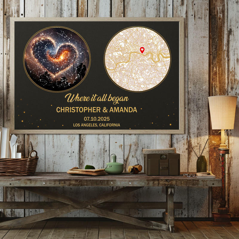 Personalized where it all began framed canvas wall art with star and street maps, names and date, living room decor