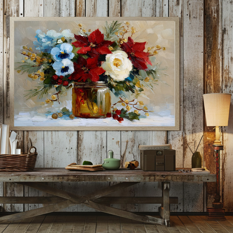 Poinsettia Dreams canvas wall art features festive red poinsettias in a jar, Christmas centerpiece look for dorm wall decor