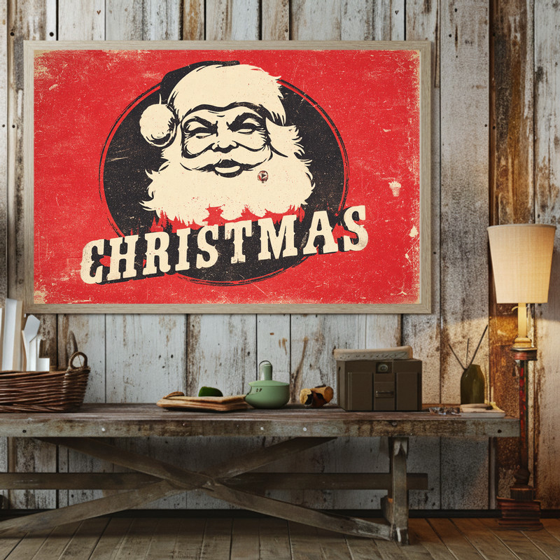 Retro Santa face Christmas canvas wall art, cozy dorm decoration with nostalgic holiday flair and cheerful midcentury charm