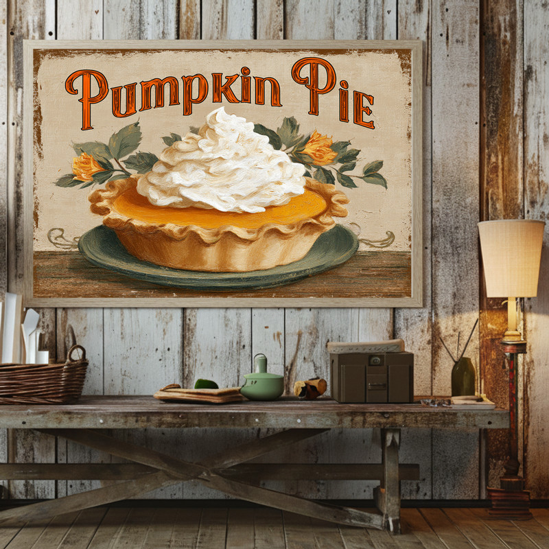 Retro Thanksgiving pumpkin pie canvas wall art with starburst retro pattern, teal and orange colorway for playful dorm decor