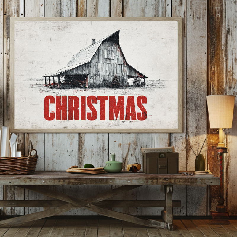 Rustic Barn Christmas canvas wall art for dorm room, panoramic landscape of red barn, snowy hills, evergreens, winter decor