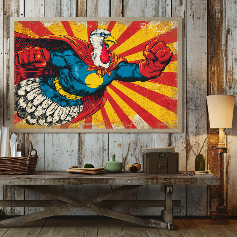 Superhero turkey Thanksgiving canvas wall art, panoramic comic banner with maple leaf border and rustic feel, landscape