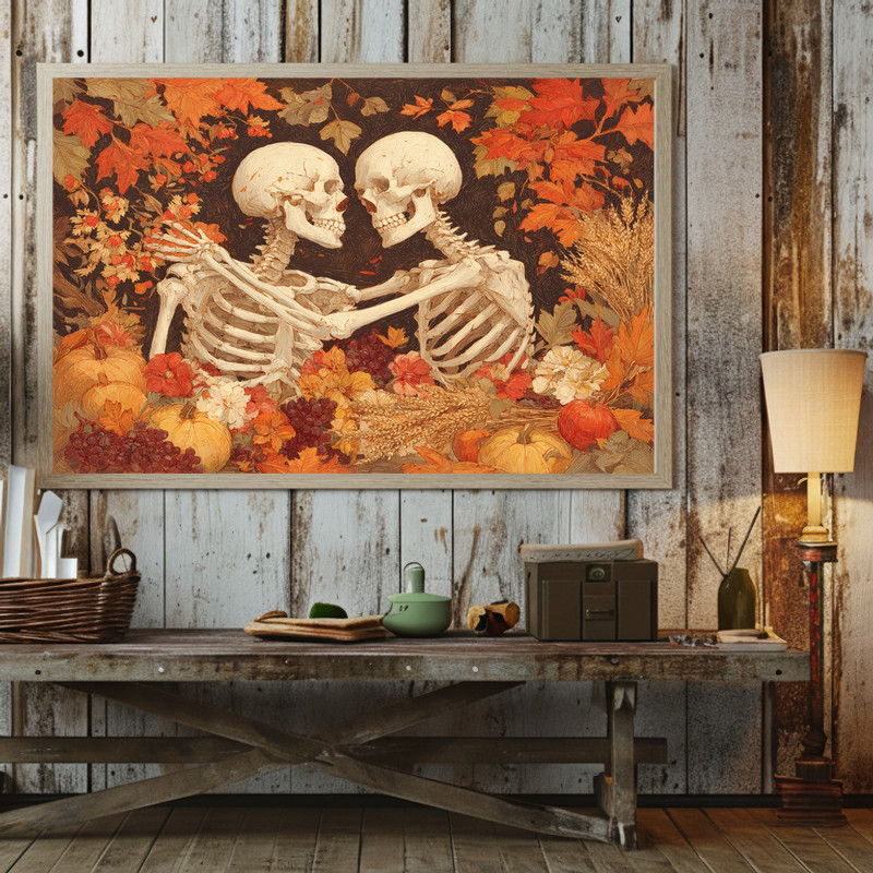 Romantic autumn canvas wall art, soft glow through maple leaves, modern look complementing minimalist dorm room decor