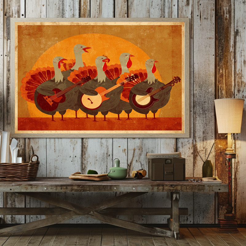 Thanksgiving retro turkey band canvas wall art, fall harvest colors with cartoon turkeys on instruments, for dorm hangouts. Thanksgiving retro turkey band canvas wall art, fall harvest colors with cartoon turkeys on instruments, for dorm hangouts.