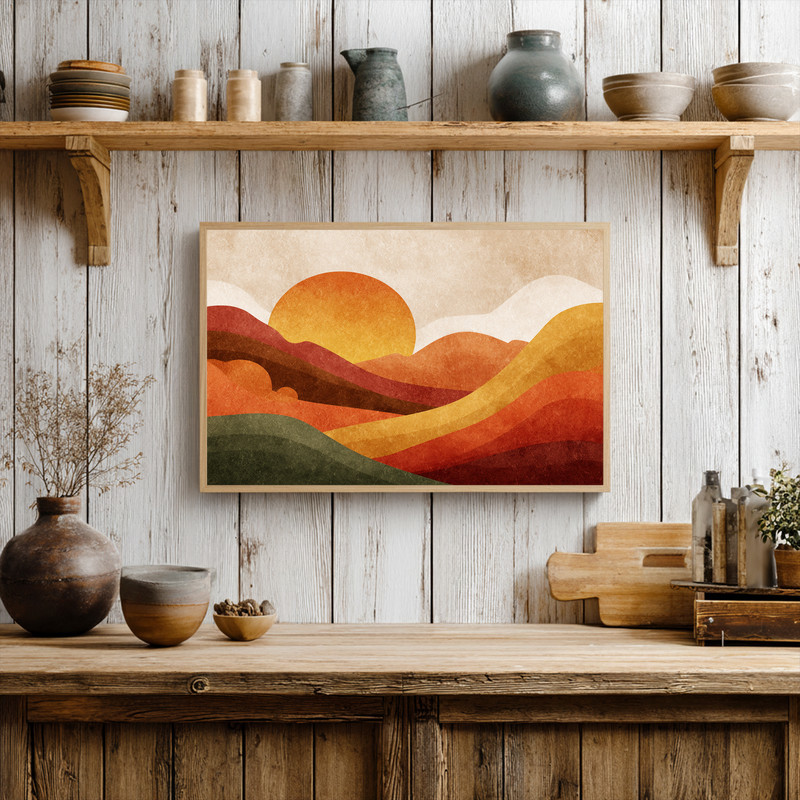 Autumn glow Thanksgiving sunset canvas wall art for dorm room, watercolor look in soft amber and rose tones, horizontal