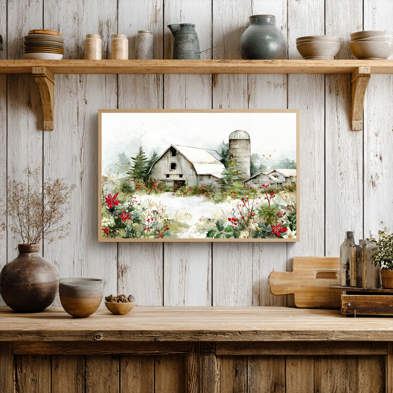 Christmas homestead canvas wall art, festive watercolor winter farmhouse scene, charming holiday gift for college students