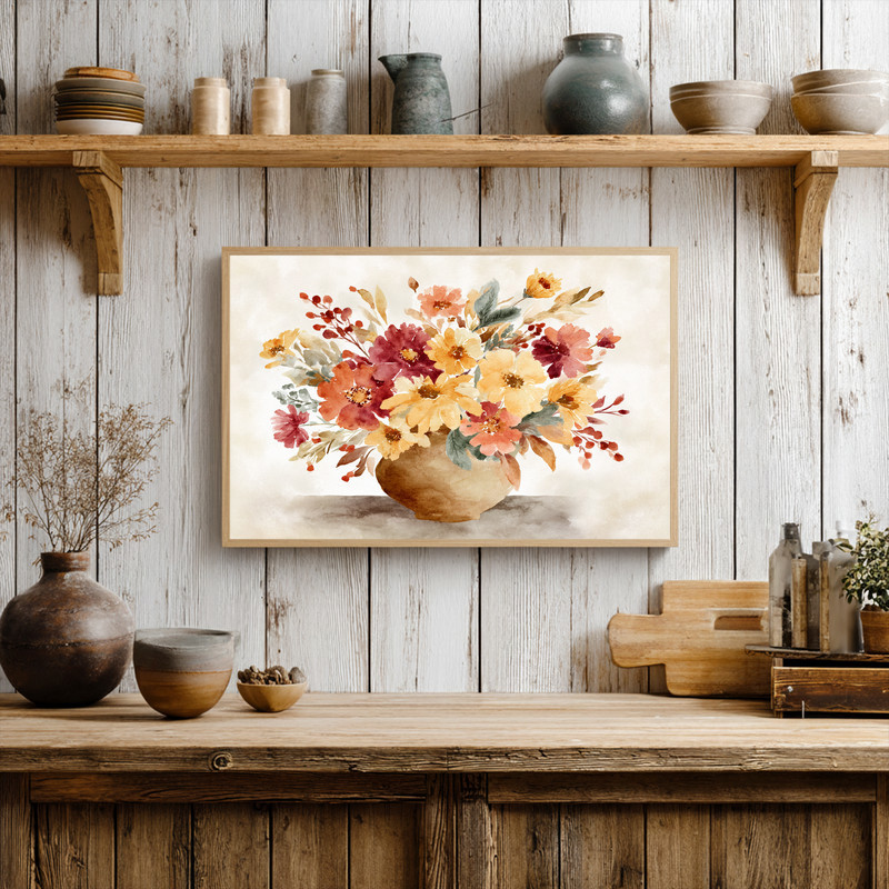 Cozy fall florals canvas wall art, minimal watercolor botanicals for small dorm walls in neutral beige and sage hues