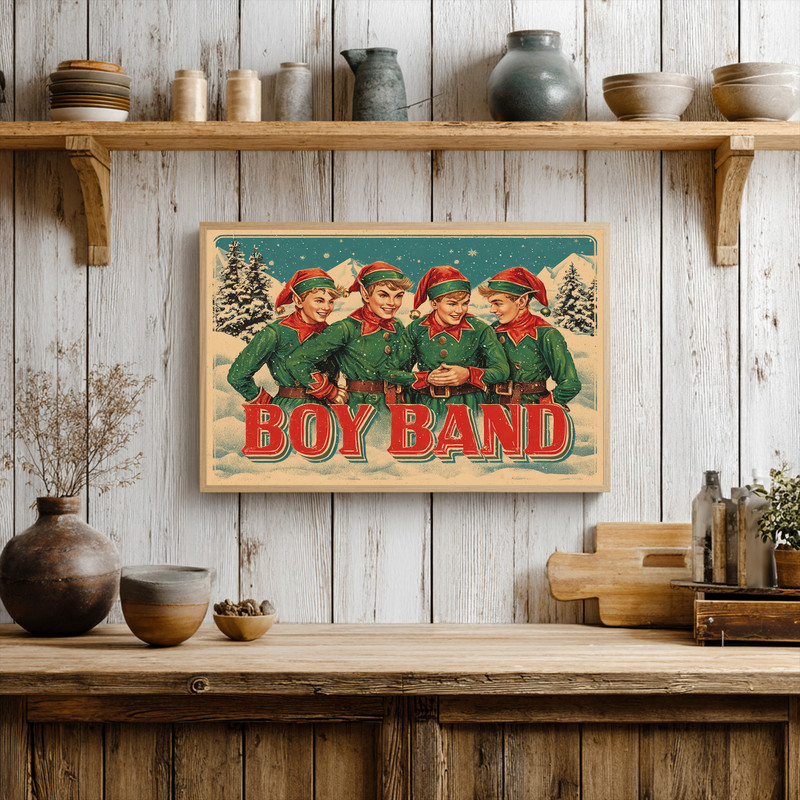 Elf boyband Christmas canvas wall art featuring distressed retro graphics, fun holiday accent for college dorm decor