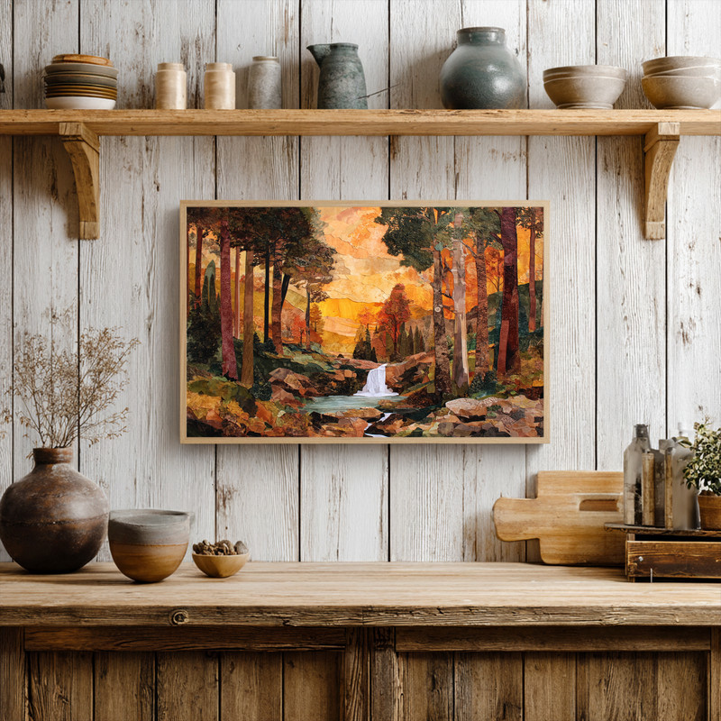 Cozy autumn falling leaves waterfall canvas wall art, sunset glow over forest stream for a warm, relaxing dorm vibe
