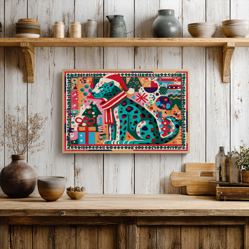 Christmas leopard canvas wall art, landscape layout for dorm decor, boho festive feline in warm earthy tones aesthetic