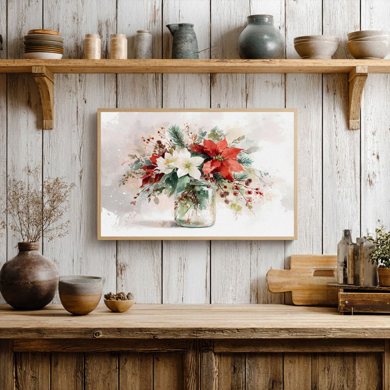Minimal Christmas botanical canvas wall art with a festive vase in muted green and red berries, Nordic style for dorm walls