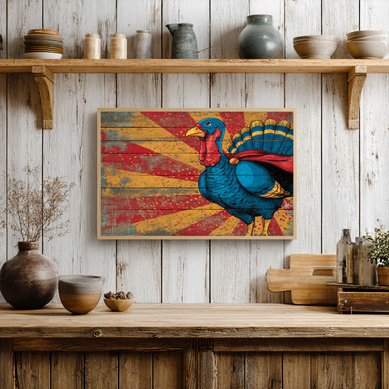 Superhero turkey canvas wall art, landscape rustic comic design with cape, distressed texture, halftone bursts for kitchen Superhero turkey canvas wall art, landscape rustic comic design with cape, distressed texture, halftone bursts for kitchen
