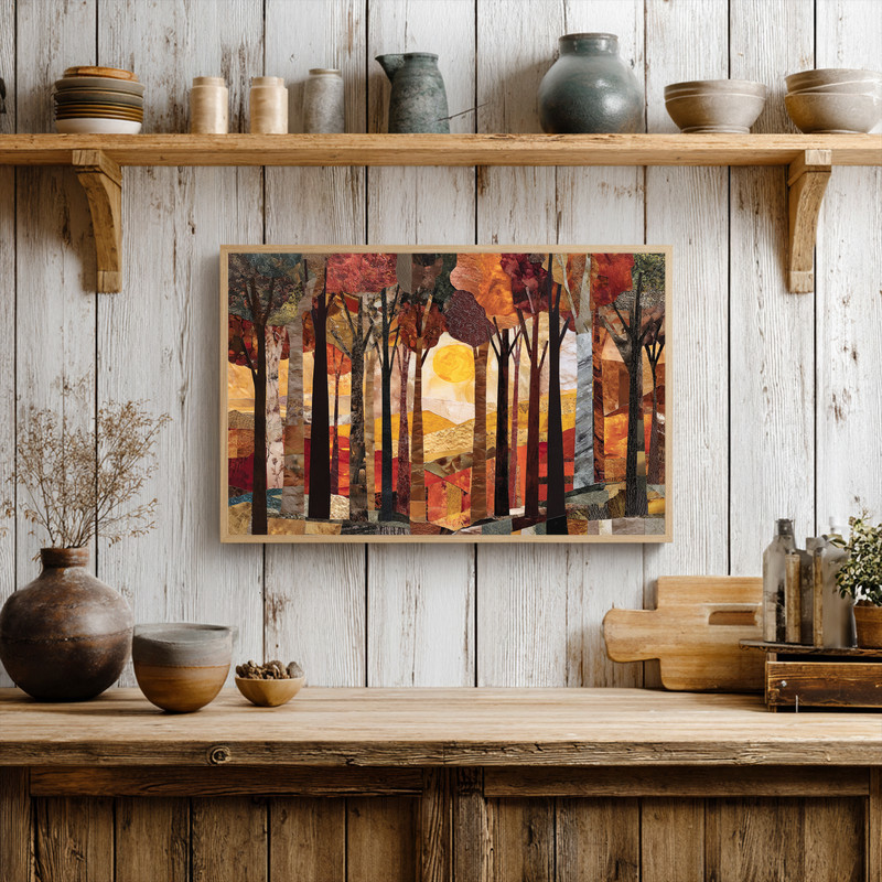 Golden harvest woods canvas wall art featuring close-up maple leaves in amber and rust tones, square print for dorm decor