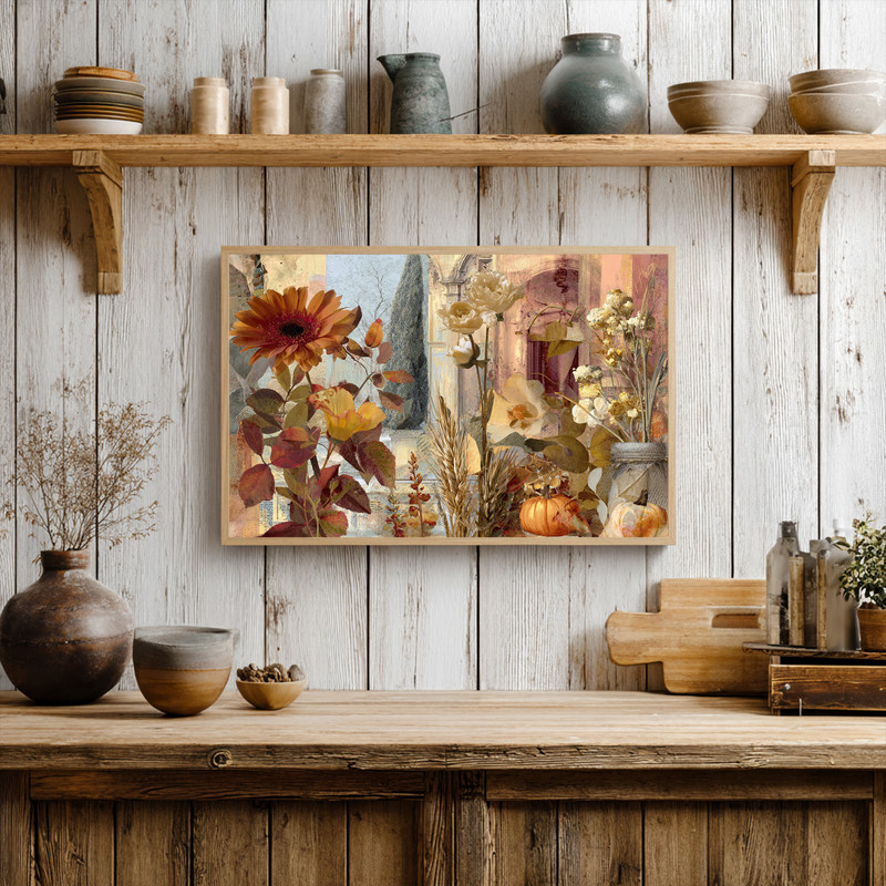 Grateful Garden canvas wall art, mixed-media Thanksgiving florals in bold harvest hues, portrait layout for dorm room decor