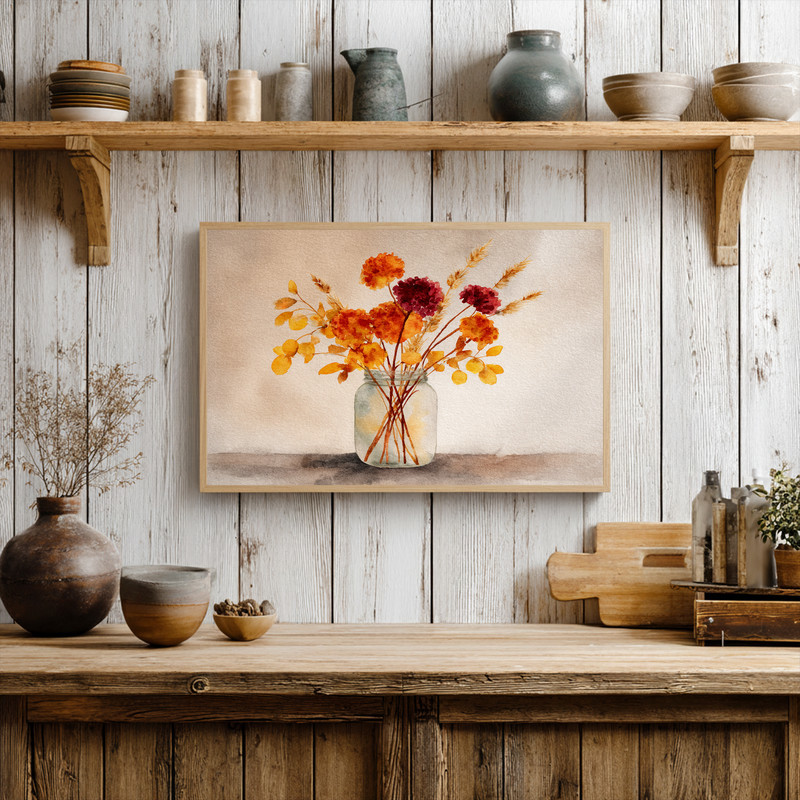 Rustic fall floral canvas wall art, maroon and gold petals with autumn leaves, vertical orientation for compact dorm spaces