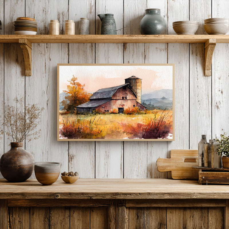 Harvest barn fall floral landscape canvas wall art in earthy oranges and reds, adding cozy rustic charm to a small dorm room Harvest barn fall floral landscape canvas wall art in earthy oranges and reds, adding cozy rustic charm to a small dorm room