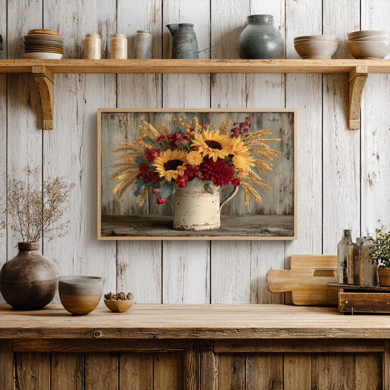 Harvest floral arrangement canvas wall art featuring fall blooms on a light backdrop, styled for cozy dorm room decor.