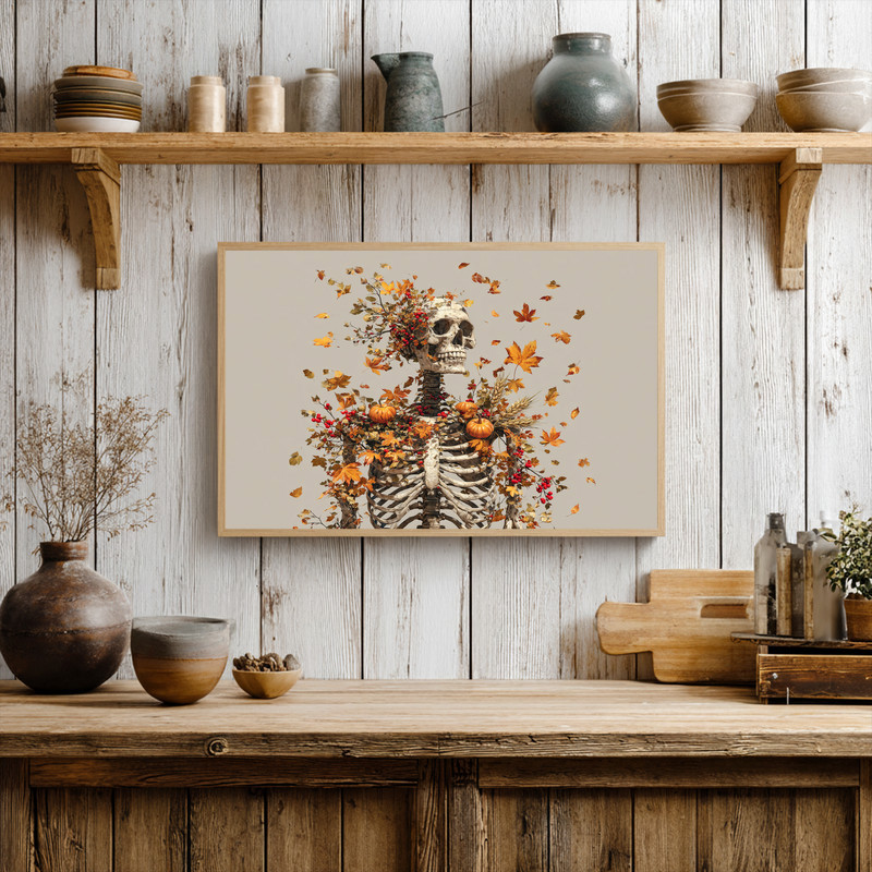 Thanksgiving skeleton canvas wall art adds darkly playful harvest charm to dorm room walls and small-space seasonal decor