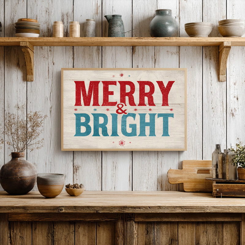 Merry & Bright Christmas canvas wall art with minimalist script, pine greenery and warm neutrals, dorm holiday wall decor