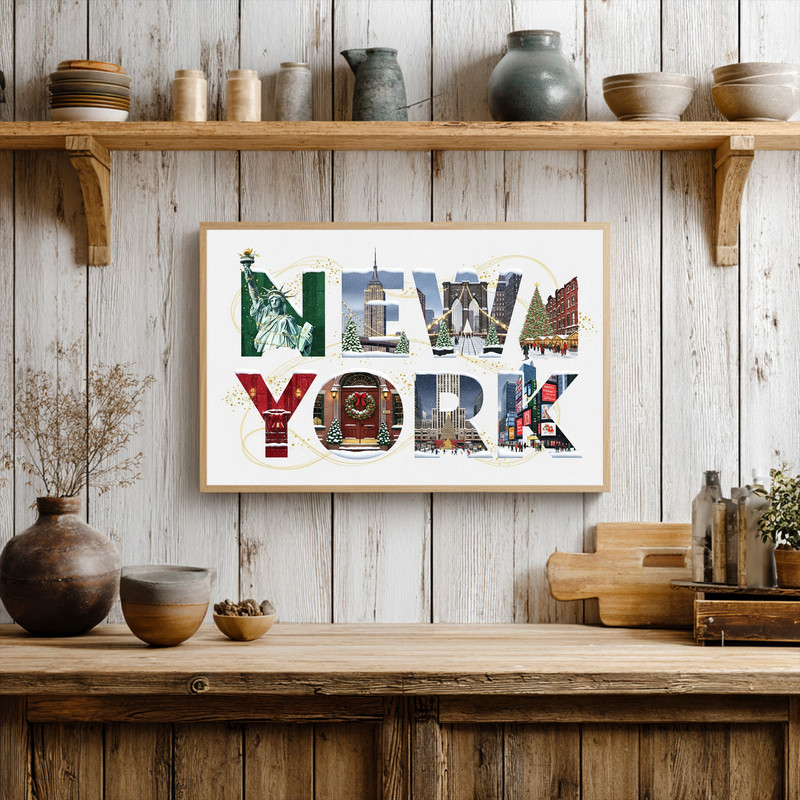 New York festive Christmas canvas wall art, watercolor night cityscape with snowfall and wreaths, fits small dorm spaces