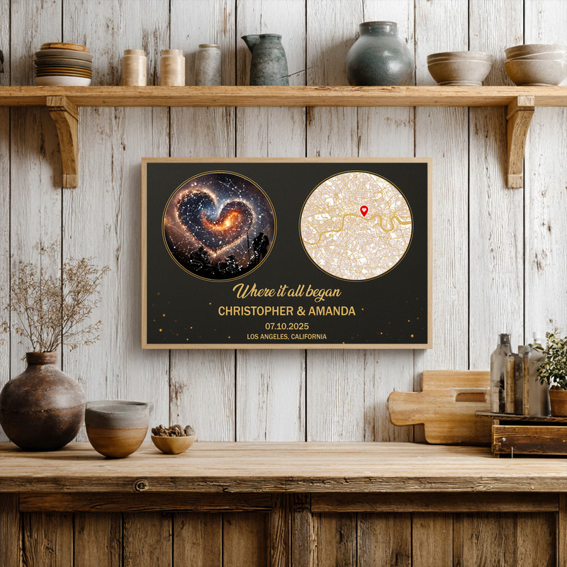 Personalized first date canvas print with star map and street map, black and white landscape style, names, date, coordinates