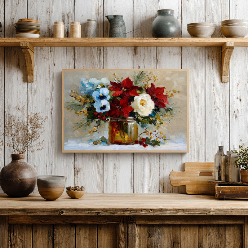 Cozy Christmas jar art canvas wall art with red poinsettias and greenery in a jar, charming cozy holiday touch for dorm decor