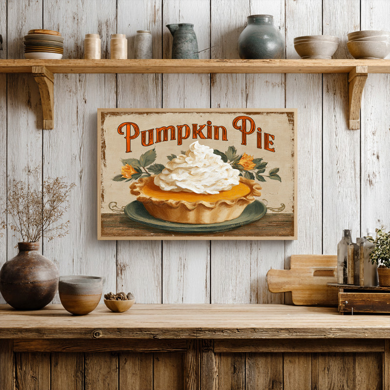 Retro Thanksgiving pumpkin pie canvas wall art with checkered mint backdrop, playful portrait orientation for dorm decor