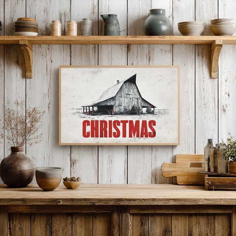 Rustic Barn Christmas canvas wall art for dorm room, vintage red pickup by barn and fir trees, falling snow, rustic vibe