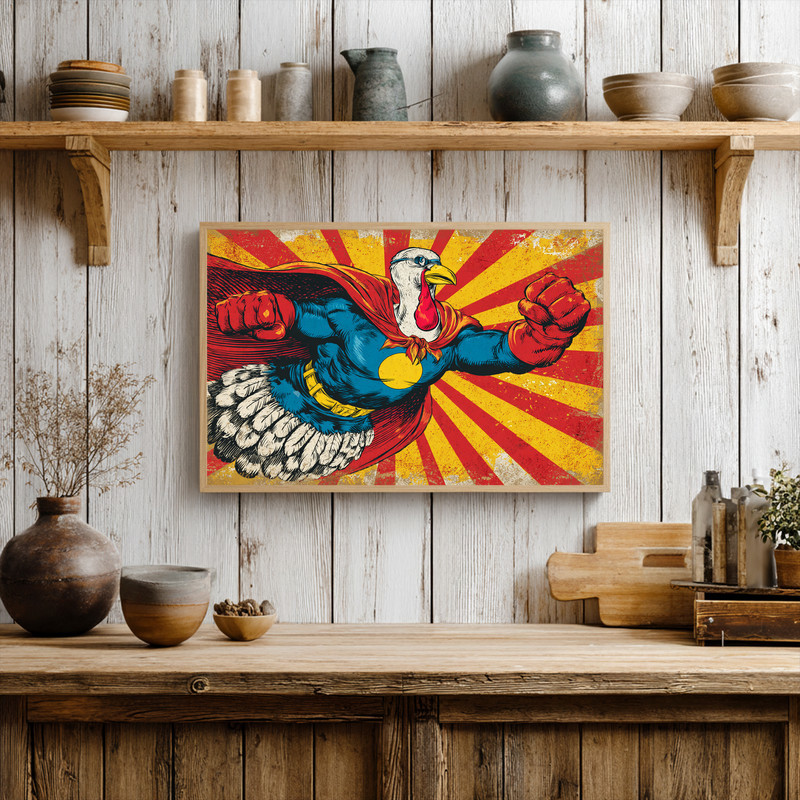 Superhero turkey Thanksgiving canvas wall art, rustic comic look on distressed wood background, warm earthy palette, portrait