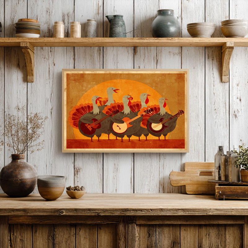 Thanksgiving retro turkey band canvas wall art, square format with bold 70s colors, a fun gift for college students’ dorms. Thanksgiving retro turkey band canvas wall art, square format with bold 70s colors, a fun gift for college students’ dorms.