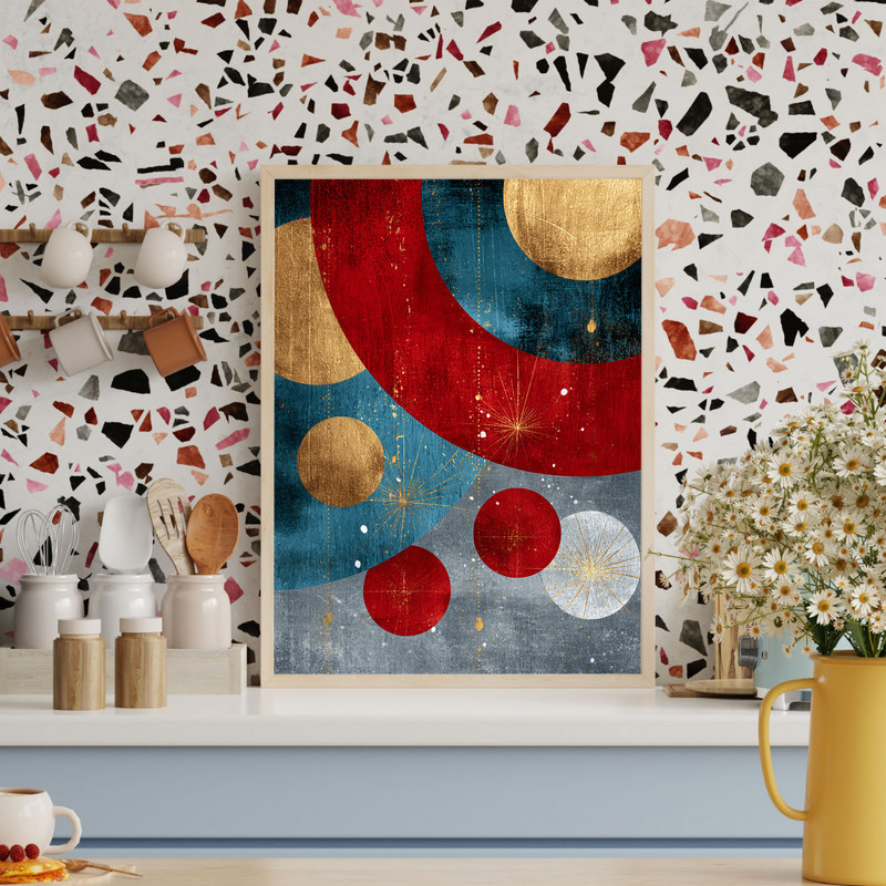 Abstract Christmas ornament canvas wall art in green and silver tones, landscape layout for cozy dorm room holiday decor.