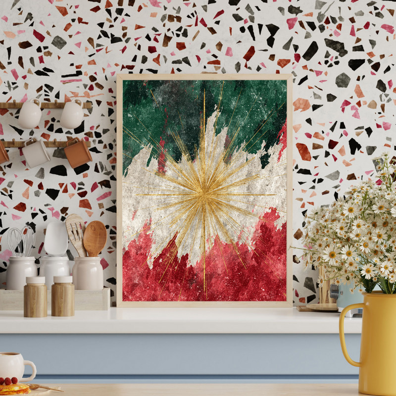 Abstract Christmas Star canvas wall art in minimalist line style, warm red and cream palette, horizontal, dorm holiday decor