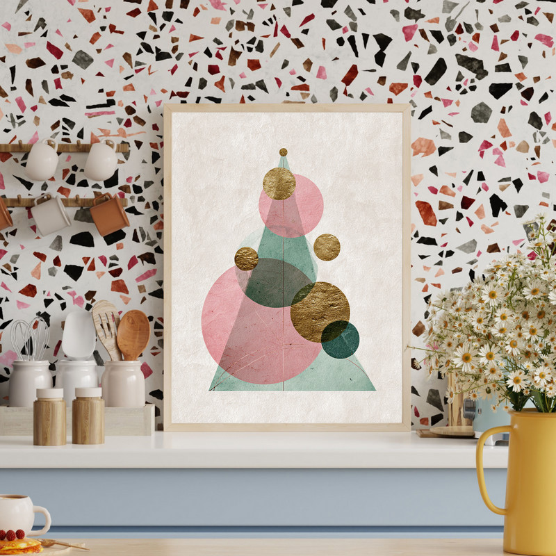 Abstract Christmas Tree canvas wall art in geometric triangles and modern palette, portrait piece for festive dorm room decor