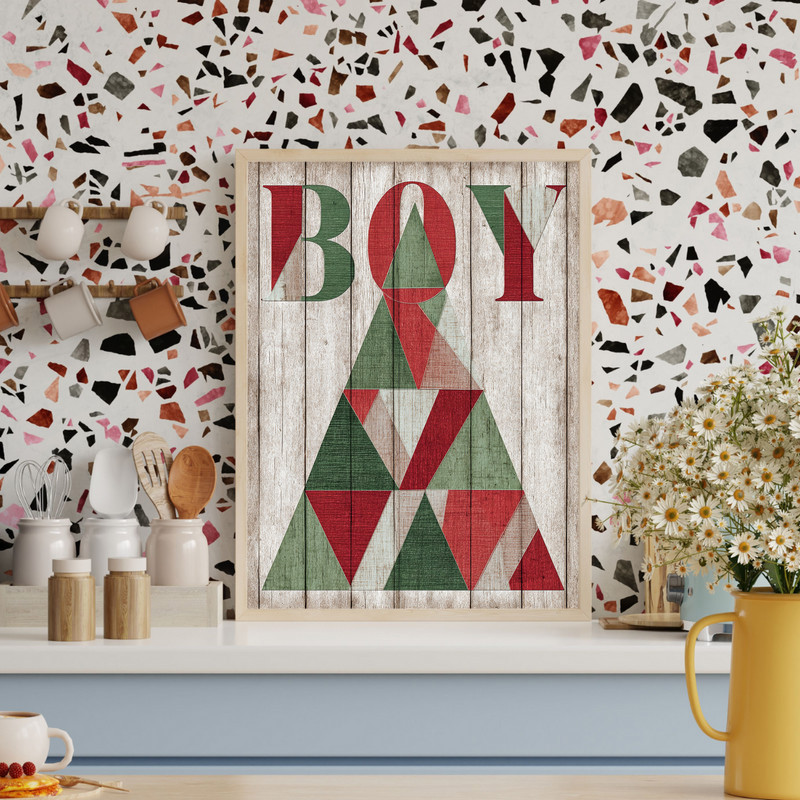 Abstract Christmas tree canvas wall art with navy and silver watercolor wash, horizontal layout, festive touch for boy dorm room