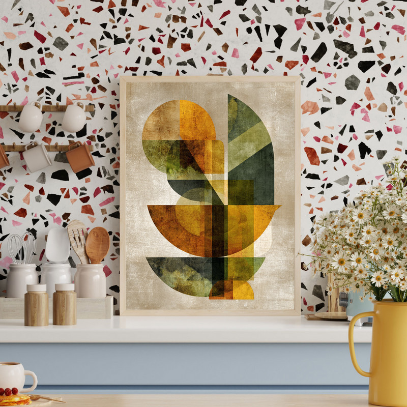 Abstract Thanksgiving cornucopia canvas wall art in geometric shapes, terracotta and sage palette, portrait for dorm room