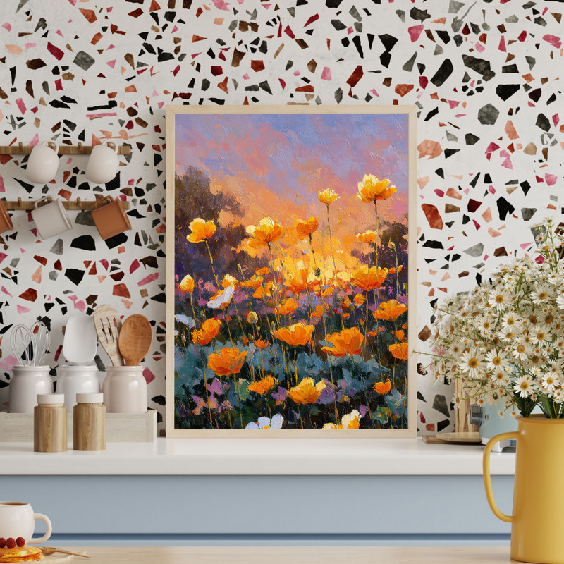 Amber Horizon canvas wall art showcasing impressionist anemone blooms at sunset in golden hues, softly textured for bedroom