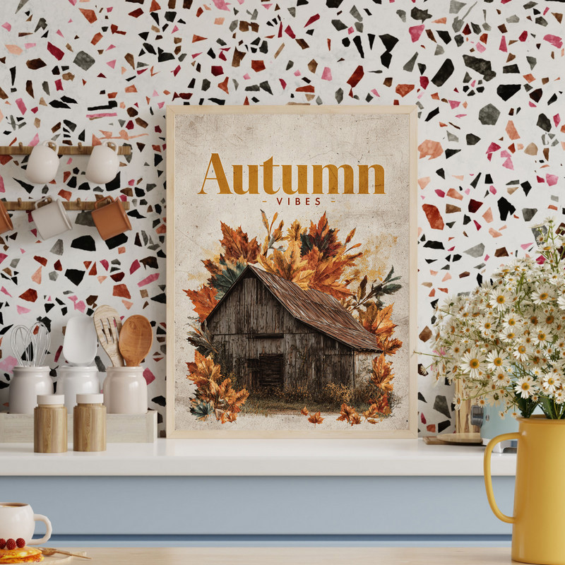 Autumn vibes canvas wall art for dorm room decor featuring minimalist typography in neutral beige and rust, portrait
