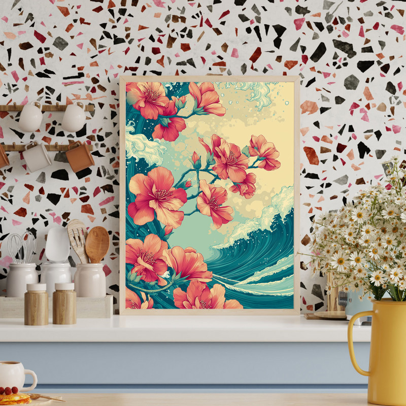 Azaleas and ocean waves floral canvas wall art, soft watercolor style with pastel tones for bedroom or living room decor