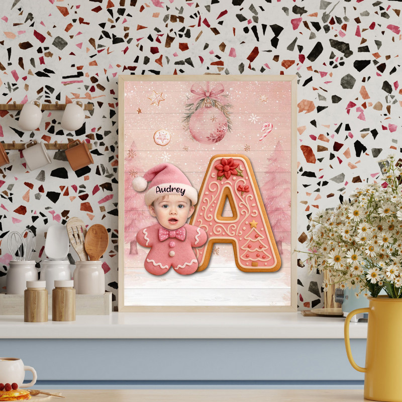 Baby pink gingerbread canvas wall art, portrait layout with custom initial and newborn photo, sweet Christmas gift for baby Baby pink gingerbread canvas wall art, portrait layout with custom initial and newborn photo, sweet Christmas gift for baby