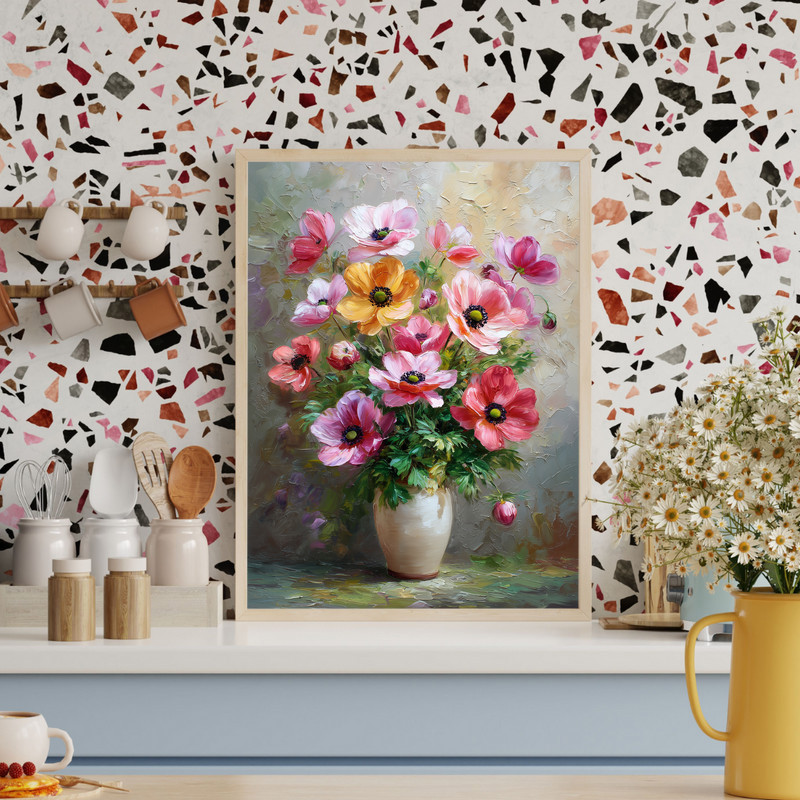 Anemones canvas wall art showcasing fresh blossoms in a ceramic vase, elegant floral accent for living room walls. Anemones canvas wall art showcasing fresh blossoms in a ceramic vase, elegant floral accent for living room walls.