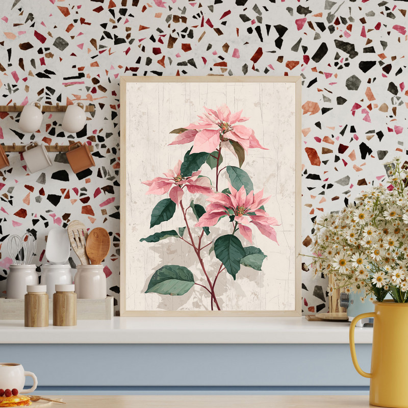 Blush pink poinsettias canvas wall art, vintage botanical illustration with scientific plate style, landscape on parchment