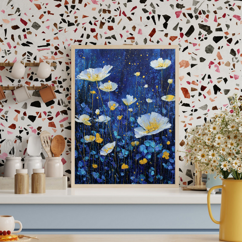 Anemones Beneath The Stars canvas wall art, watercolor blooms under a midnight sky, serene accent for bedroom decor