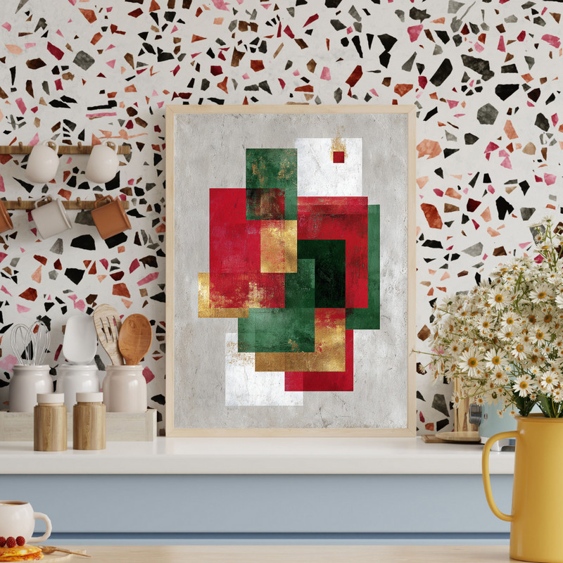 Christmas abstract canvas wall art, minimalist geometric forms in red, green, and gold for cozy dorm room holiday decor