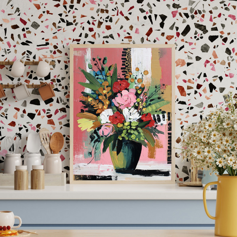 Christmas cheer abstract vase canvas wall art in soft pastel tones, landscape orientation, subtle dorm room decor