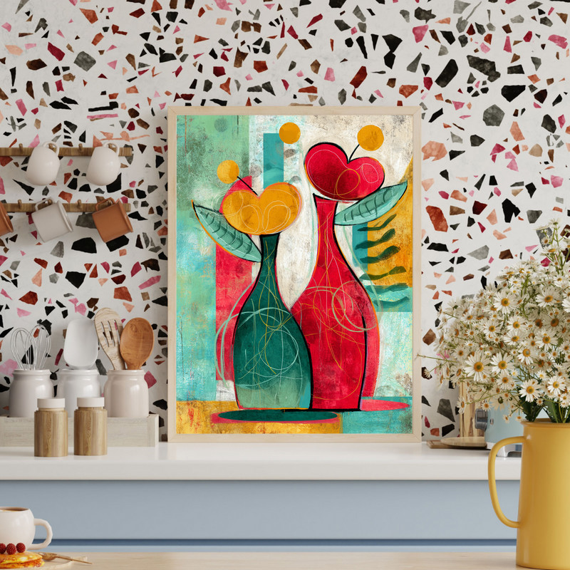 Christmas flower vase abstract canvas wall art featuring bold brushstrokes and holiday tones, accent for dorm room walls